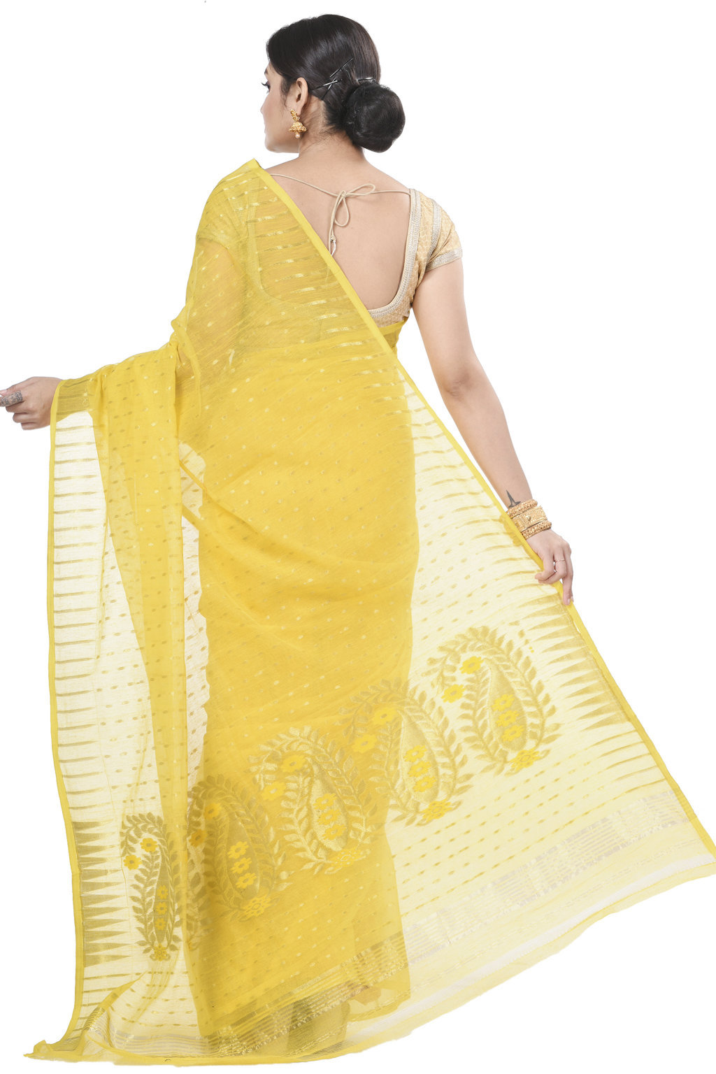 Yellow Blended Cotton New HALF  JAMDINE Jamdani Saree (528)